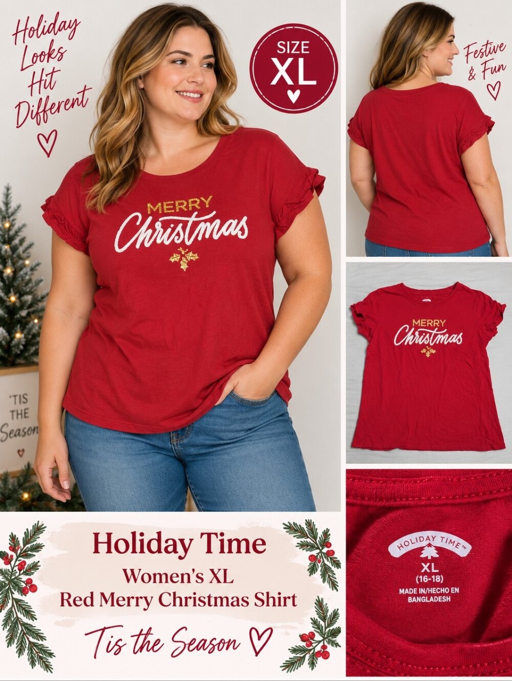 Holiday time Women's XL red merry Christmas shirt #25